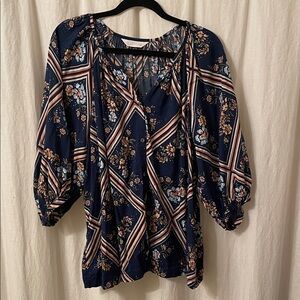 LC Lauren Conrad Navy Geometric Floral Blouse